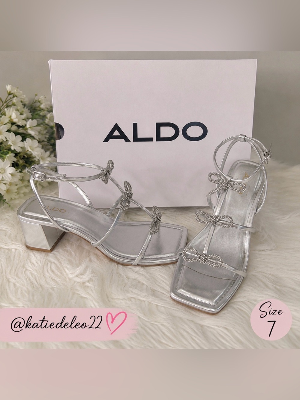 NIB ALDO Kaeli Silver Rhinestone Bow Block Heel Sandals Size 7 ALDO Silver Rhine
